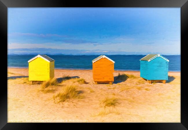 Colourful Beach Huts of Findhorn Framed Print by Barbara Jones