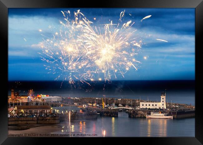 Fireworks over Scarborough harbour Framed Print by Richard Burdon