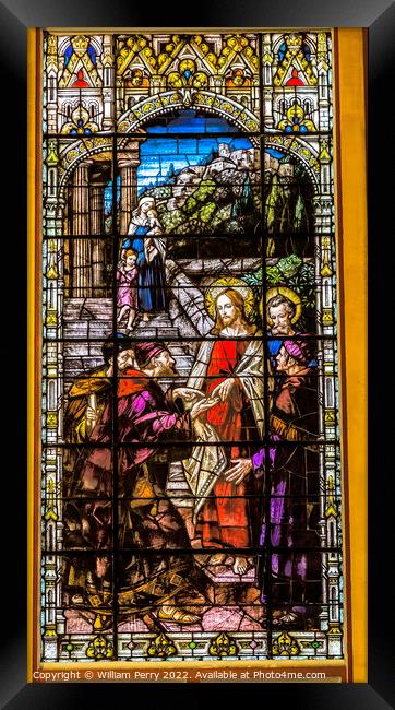 Jesus Moneychangers Stained Glass Gesu Church Miami Florida Framed Print by William Perry