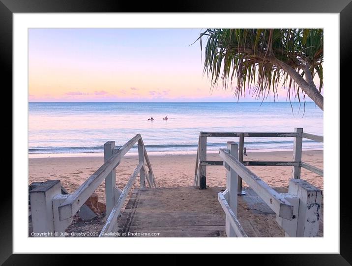 Steps Leading to Beach and Sea on a Pink Sunset Framed Mounted Print by Julie Gresty