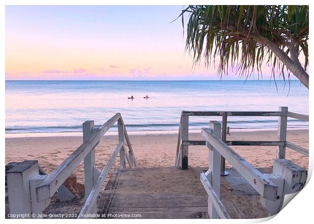 Steps Leading to Beach and Sea on a Pink Sunset Print by Julie Gresty