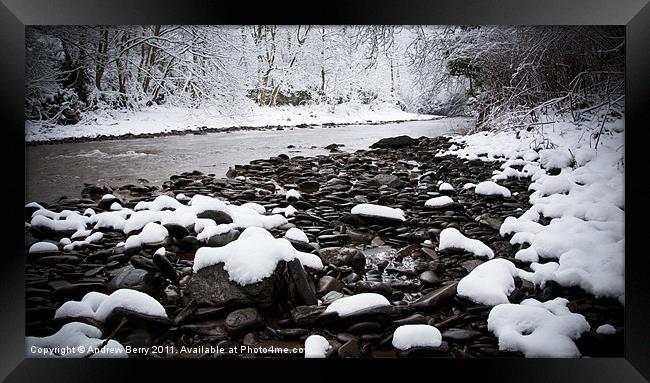 Snow on the River Bank Framed Print by Andrew Berry