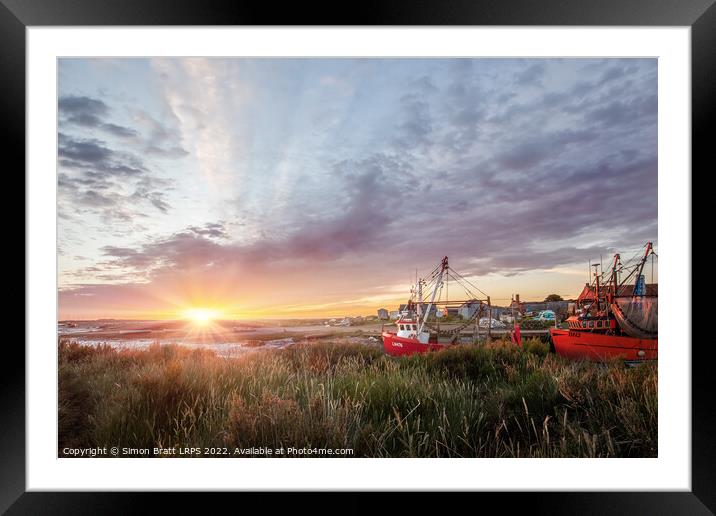 Brancaster Staithe boats at sunrise in Norfolk Framed Mounted Print by Simon Bratt LRPS