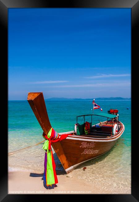 Long tail boat moored on Naka Island, Framed Print by Kevin Hellon