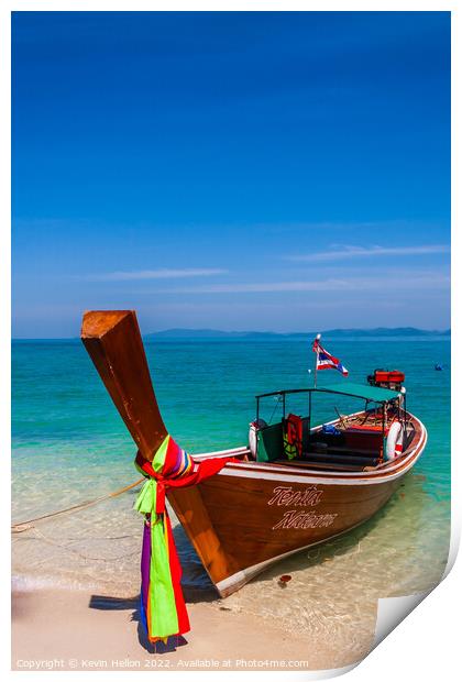 Long tail boat moored on Naka Island, Print by Kevin Hellon