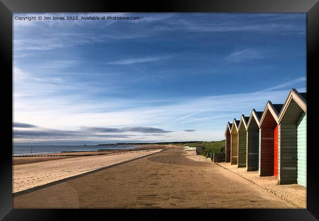 Blyth beach huts in July sunshine Framed Print by Jim Jones