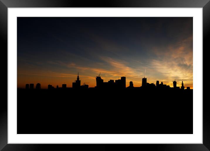 Warsaw Skyline Silhouette At Sunset Framed Mounted Print by Artur Bogacki