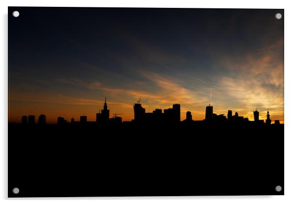 Warsaw Skyline Silhouette At Sunset Acrylic by Artur Bogacki
