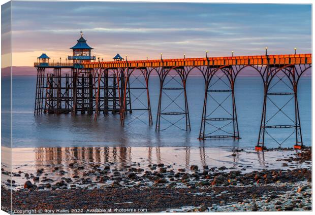 Clevedon Pier at sunset with a low tide Canvas Print by Rory Hailes