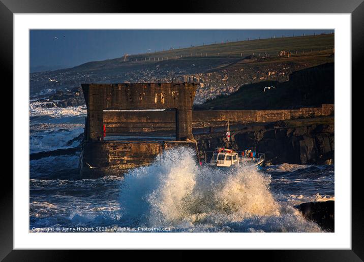 Craster harbour Northumberland, during stormy weather Framed Mounted Print by Jenny Hibbert