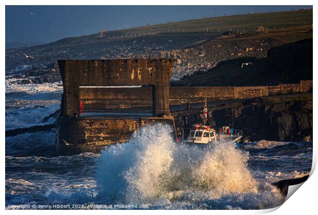 Craster harbour Northumberland, during stormy weather Print by Jenny Hibbert
