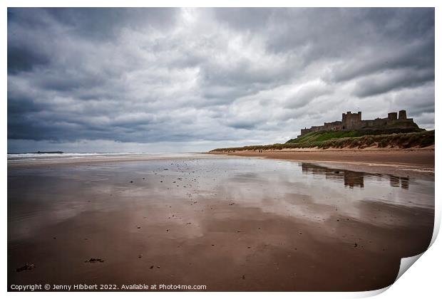 Bamburgh Castle taken from the beach on a stormy day Print by Jenny Hibbert