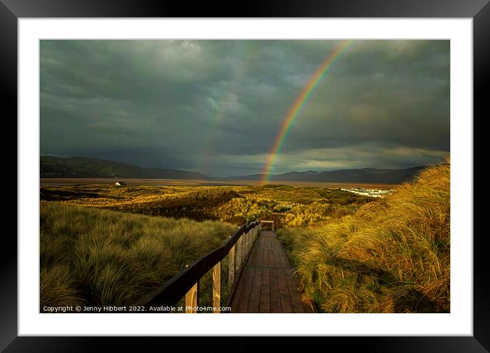 Ynyslas board walk on a stormy evening with rainbow. Dyfi National Nature Reserve. Framed Mounted Print by Jenny Hibbert