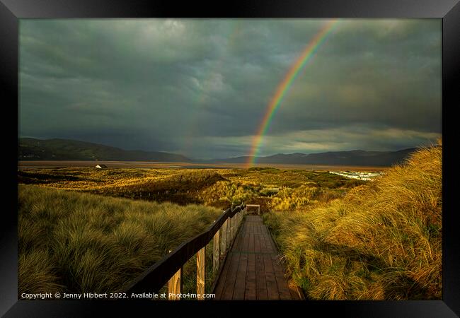 Ynyslas board walk on a stormy evening with rainbow. Dyfi National Nature Reserve. Framed Print by Jenny Hibbert