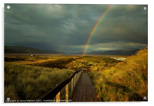 Ynyslas board walk on a stormy evening with rainbow. Dyfi National Nature Reserve. Acrylic by Jenny Hibbert