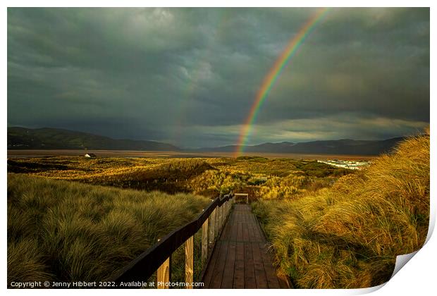 Ynyslas board walk on a stormy evening with rainbow. Dyfi National Nature Reserve. Print by Jenny Hibbert