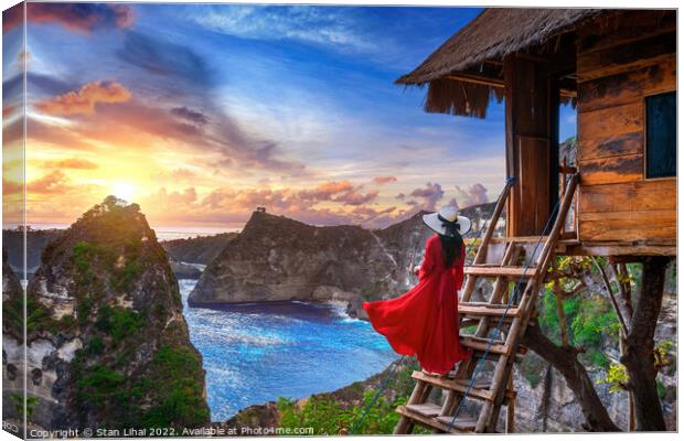Young girl on steps of house on tree at sunrise in Nusa Penida  Canvas Print by Stan Lihai