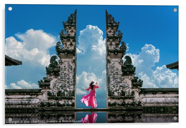 Young woman standing in temple gates at Lempuyang Luhur temple  Acrylic by Stan Lihai