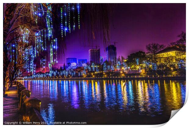 Colorful Grand Canal Buildings NIght Reflection Hangzhou Zhejian Print by William Perry