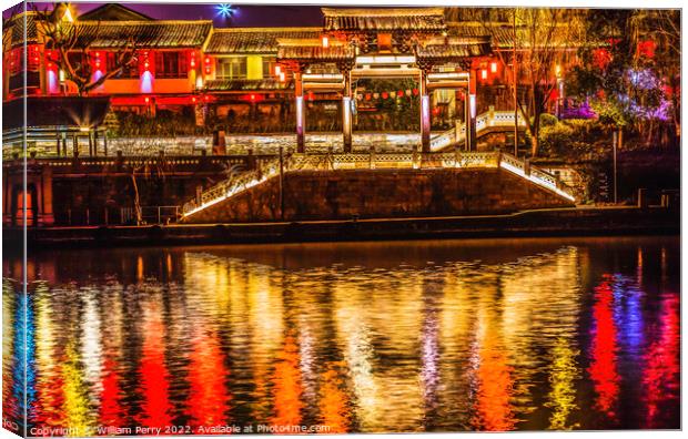 Chinese Gate Grand Canal Illuminated NIght Reflection Hangzhou Z Canvas Print by William Perry