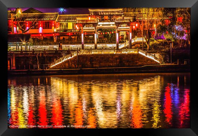 Chinese Gate Grand Canal Illuminated NIght Reflection Hangzhou Z Framed Print by William Perry