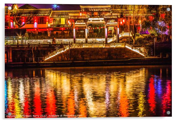 Chinese Gate Grand Canal Illuminated NIght Reflection Hangzhou Z Acrylic by William Perry