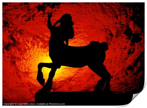Sculpture of a Centaur against a red hot sky. Print by Luigi Petro