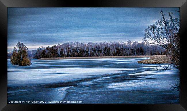 "Winter Wonderland: Frozen Tranquility at Trent Ca Framed Print by Ken Oliver