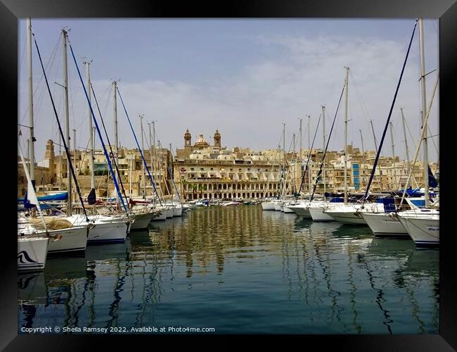 Vittoriosa Harbour Reflections Framed Print by Sheila Ramsey