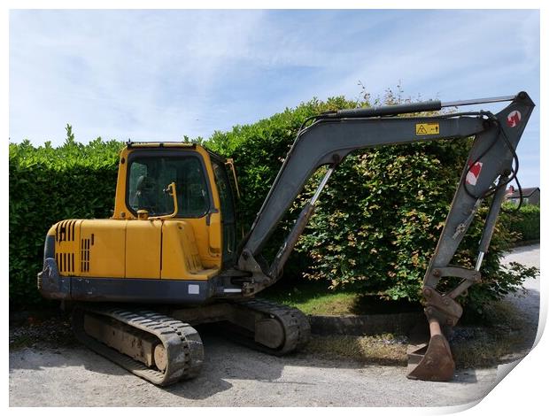 Yellow excavator digger  Print by Roy Hinchliffe
