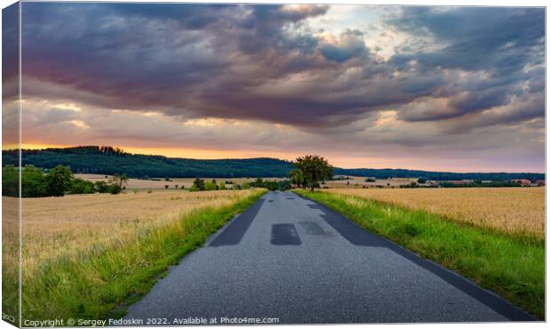 Road in rye fields. Summer evening. Sunset sky. Canvas Print by Sergey Fedoskin