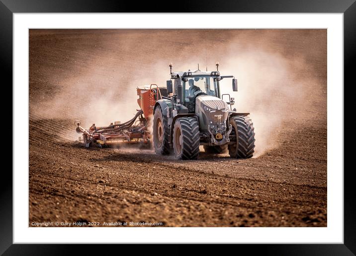 Tractor field drilling Framed Mounted Print by Gary Holpin