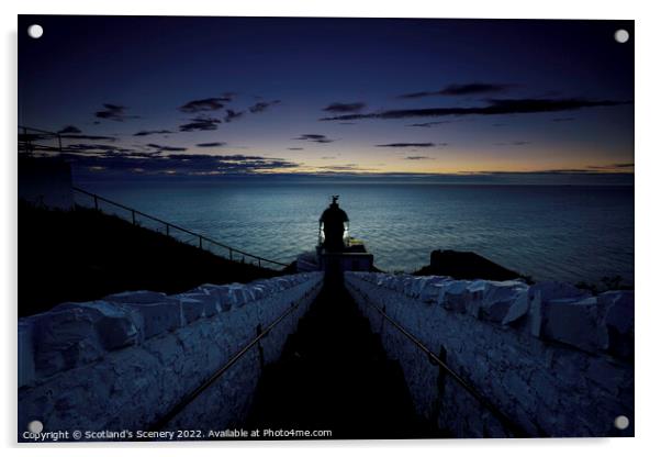 St Abbs lighthouse at blue hour just before Sunrise. Acrylic by Scotland's Scenery