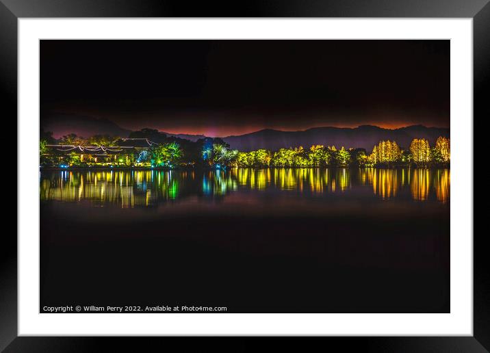 Illuminated  West Lake Reflection Night Lights Hangzhou Zhejiang Framed Mounted Print by William Perry