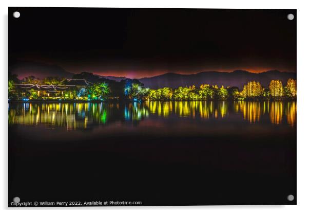 Illuminated  West Lake Reflection Night Lights Hangzhou Zhejiang Acrylic by William Perry