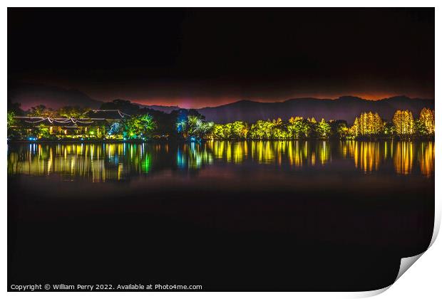 Illuminated  West Lake Reflection Night Lights Hangzhou Zhejiang Print by William Perry
