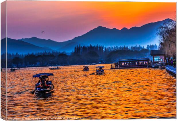 Boats Reflection Sunset West Lake Hangzhou Zhejiang China Canvas Print by William Perry