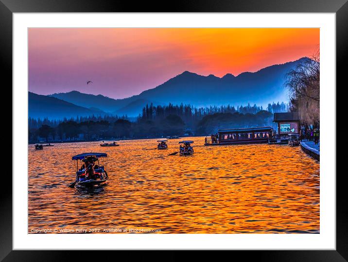 Boats Reflection Sunset West Lake Hangzhou Zhejiang China Framed Mounted Print by William Perry