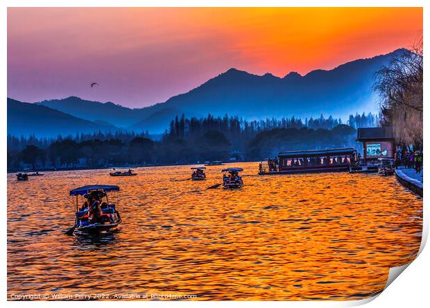 Boats Reflection Sunset West Lake Hangzhou Zhejiang China Print by William Perry