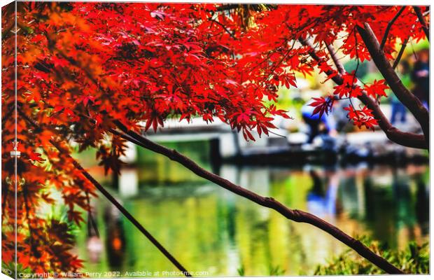Orange Red Maple Leaves Bridge West Lake Hangzhou Zhejiang China Canvas Print by William Perry