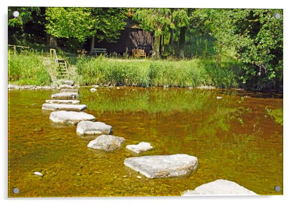 Stepping stones on River Ribble, Lancashire. Acrylic by David Birchall