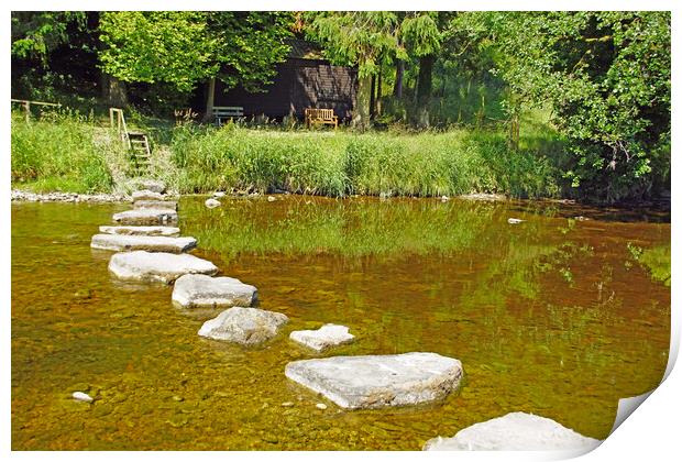 Stepping stones on River Ribble, Lancashire. Print by David Birchall