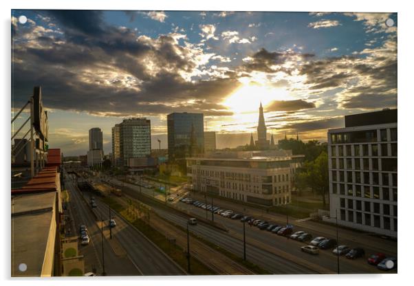 Wide angle aerial view of Lodz cityscape with mix of modern and medieval architecture next to highway against dramatic sunset Acrylic by Arpan Bhatia