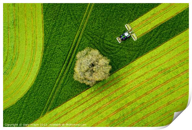 Farm mowing from the air Print by Gary Holpin