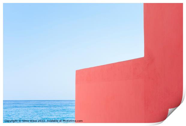 Pink wall against blue sea and sky Print by Simo Wave