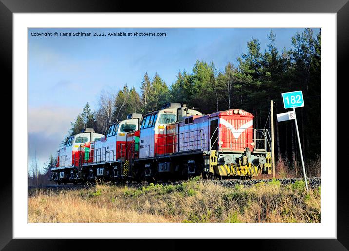Three Diesel Locomotives At Speed Framed Mounted Print by Taina Sohlman