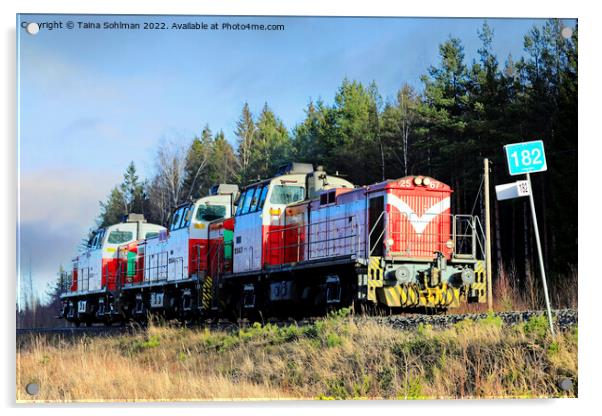 Three Diesel Locomotives At Speed Acrylic by Taina Sohlman