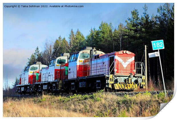Three Diesel Locomotives At Speed Print by Taina Sohlman