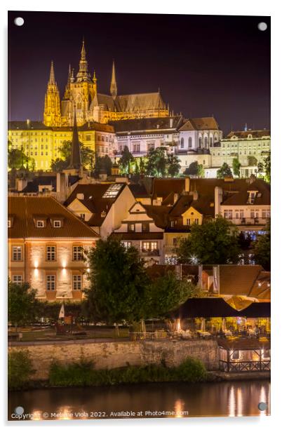 Prague Castle and St. Vitus Cathedral by night Acrylic by Melanie Viola