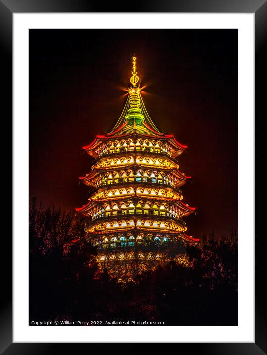 Ancient Lei Feng Pagoda Night West Lake Hangzhou Zhejiang China Framed Mounted Print by William Perry